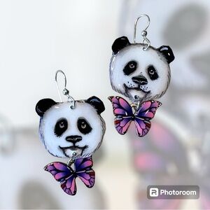 Giant panda face handpainted earrings w butterfly charm lightweight original